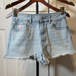 PLAYBOY Light Wash Jean Shorts with Pink Logo, 26